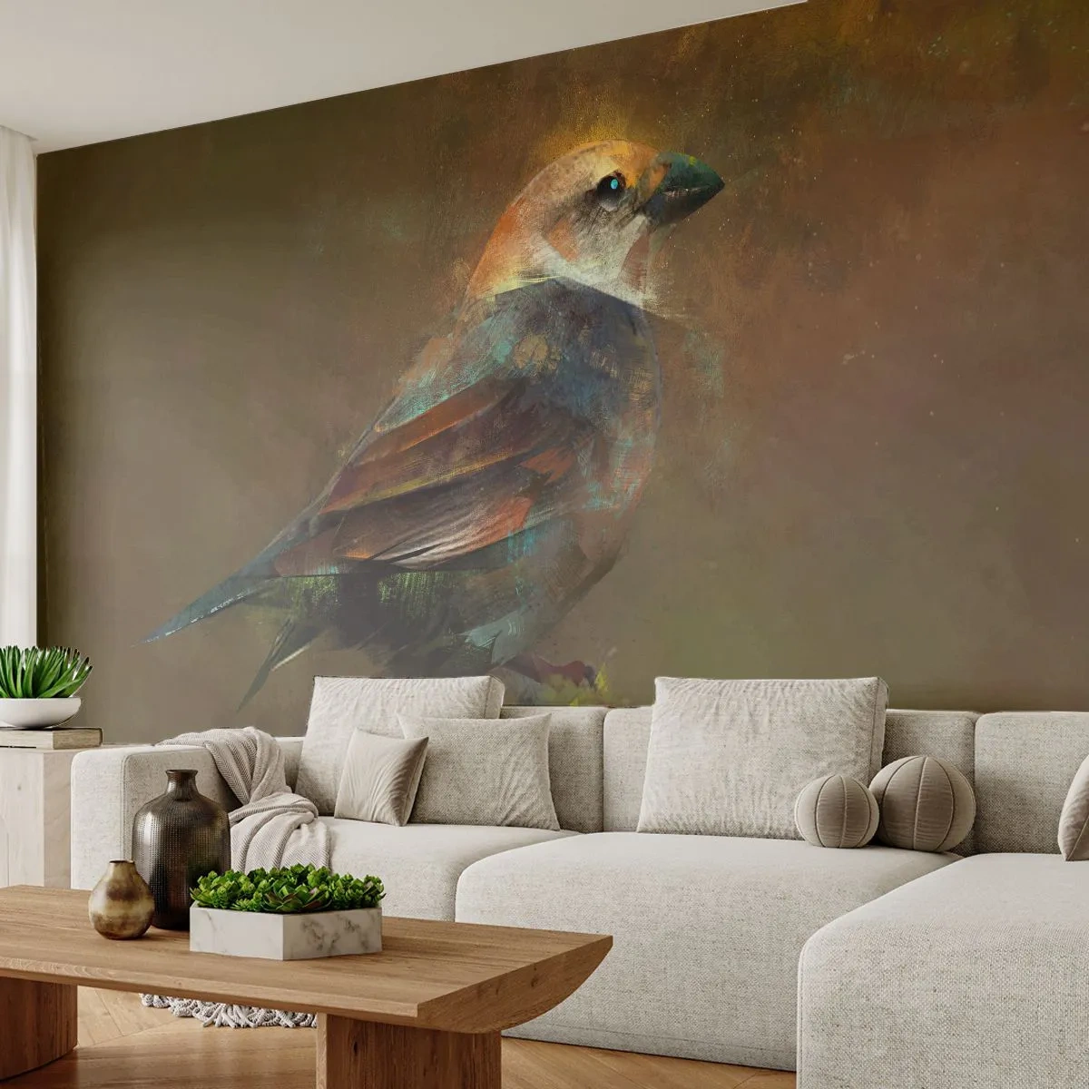 Fototapeta Premium Sand - Artystyczne przedstawienie ptaka na ciemnym tle - 100x70cm - Wróbelek, ptaszyna niewielka - Nowoczesna dekoracja ścienna do salonu, kuchni i sypialni ARTTOR