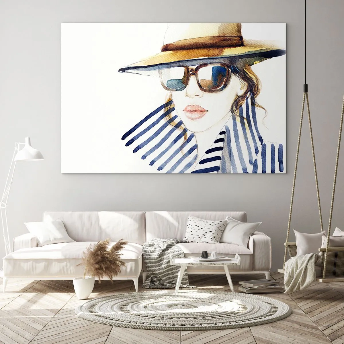 Obraz na szkle - Stylowa kobieta w kapeluszu i okularach w akwarelowym stylu - 70x50cm - Floryda wita! - Nowoczesna dekoracja ścienna do salonu i sypialni ARTTOR