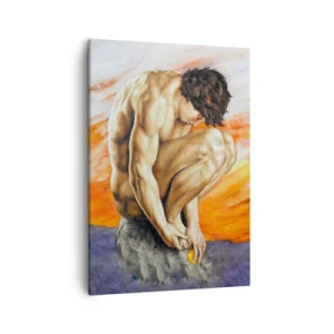 Obraz na płótnie - Mężczyzna skulony na skale w refleksyjnej pozie - 50x70cm - Zatopiony w sobie - Nowoczesna dekoracja ścienna do salonu, kuchni i sypialni ARTTOR