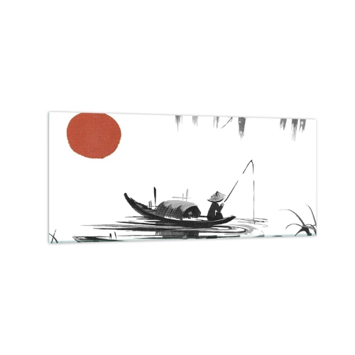 Obraz na szkle - Orientalny krajobraz z rybakiem na łodzi i czerwonym słońcem - 120x50cm - Azjatyckie popołudnie - Nowoczesna dekoracja ścienna do salonu i sypialni ARTTOR