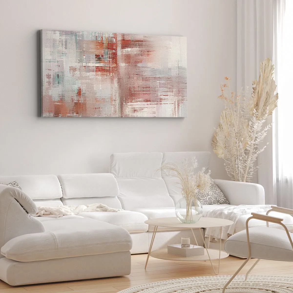Obraz na płótnie - Abstrakcyjna kompozycja z odcieniami czerwieni i pastelowych barw - 160x50cm - Zamglone. Ale różowe - Nowoczesna dekoracja ścienna do salonu i sypialni ARTTOR