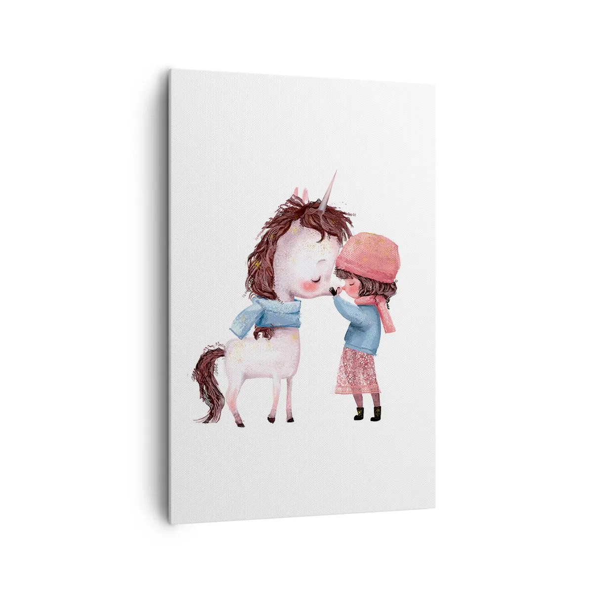 Obraz na płótnie - Dziewczynka i jednorożec w zimowej scenerii - 80x120cm - Zimowa opowieść - Nowoczesna dekoracja ścienna do salonu i sypialni ARTTOR