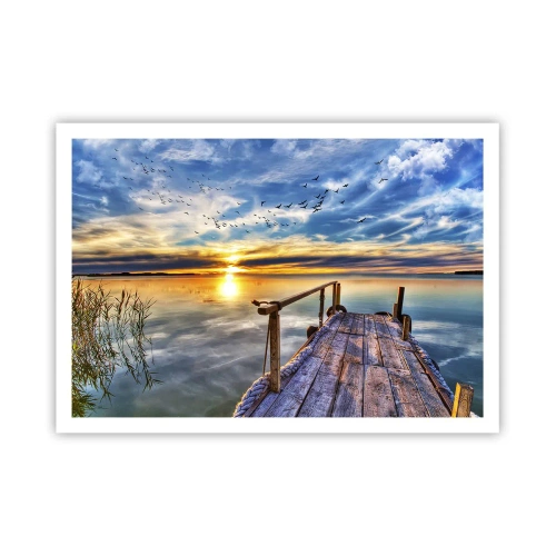 Plakat - Drewniany pomost nad jeziorem o zachodzie słońca - 100x70cm - Wiatr idzie na spoczynek - Nowoczesna dekoracja ścienna do salonu i sypialni ARTTOR