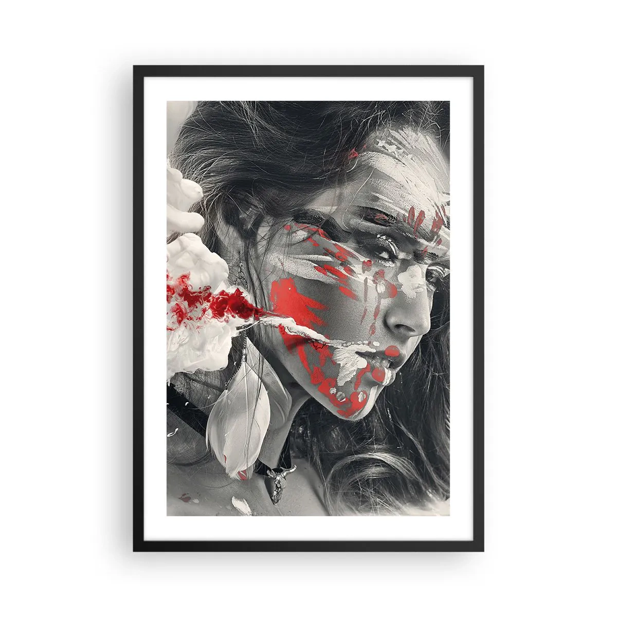 Plakat w czarnej ramie - Artystyczny portret z czerwonym akcentem - 50x70cm - W oparach absurdu - Nowoczesna dekoracja ścienna do salonu i sypialni ARTTOR