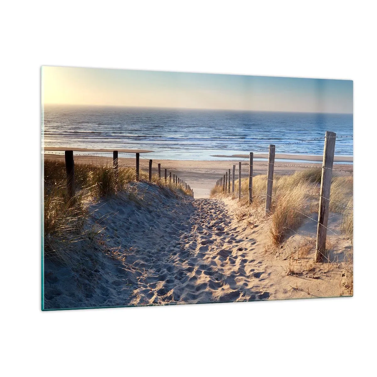 Obraz na szkle - Ścieżka przez wydmy prowadząca na plażę przy spokojnym morzu - 120x80cm - Morza szum, ptaków śpiew, dzika plaża pośród traw… - Nowoczesna dekoracja ścienna do salonu, kuchni i sypialni ARTTOR