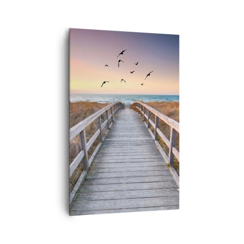 Obraz na płótnie - Drewniany pomost prowadzący na plażę o zachodzie słońca - 80x120cm - Przestrzeń wzlotów - Nowoczesna dekoracja ścienna do salonu i sypialni ARTTOR
