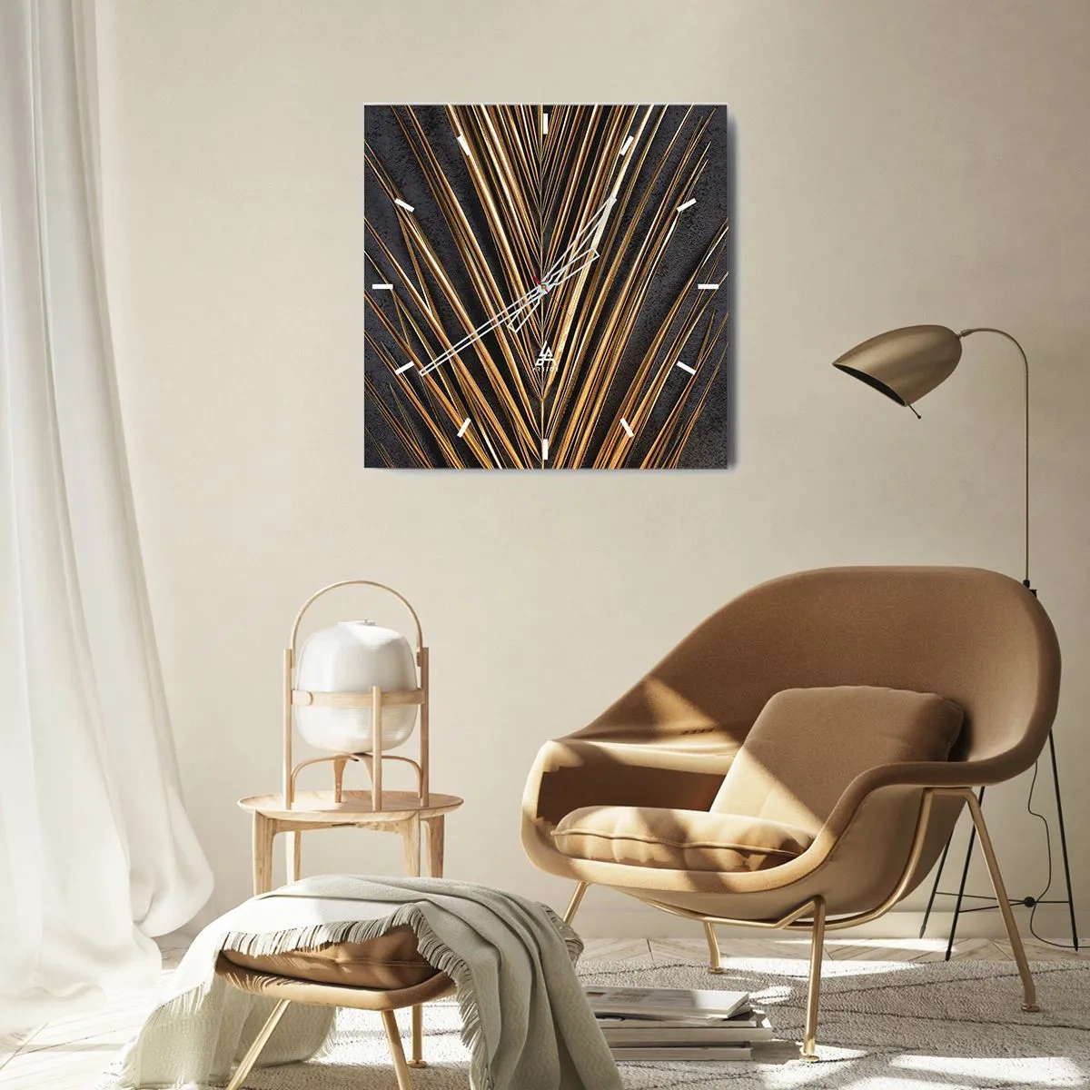 Zegar ścienny - Złoty liść tropikalny na czarnym tle - 30x30cm - Złoto tropików - Nowoczesna dekoracja ścienna do salonu i sypialni ARTTOR