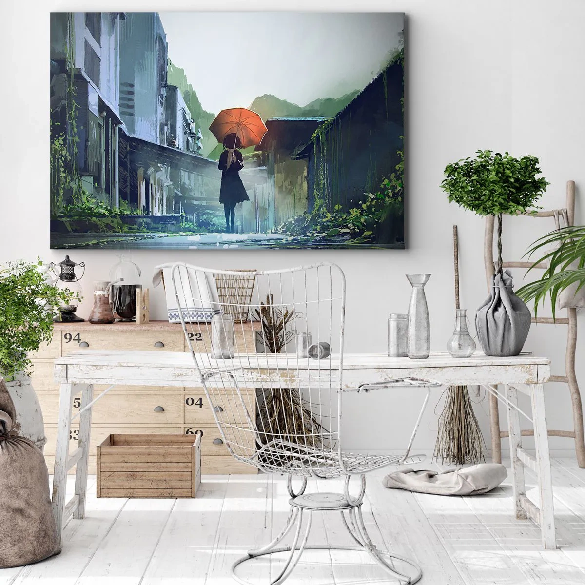 Obraz na płótnie - Postać z parasolem w deszczowym mieście - 70x50cm - Ożywczy deszcz - Nowoczesna dekoracja ścienna do salonu i sypialni ARTTOR