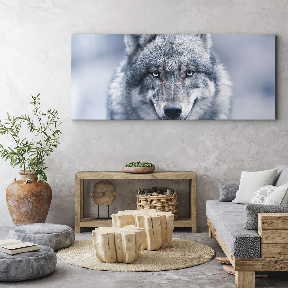 Obraz na płótnie - Wilk z intensywnym spojrzeniem w zimowym krajobrazie - 160x50cm - Podejmiesz wyzwanie? - Nowoczesna dekoracja ścienna do salonu i sypialni ARTTOR