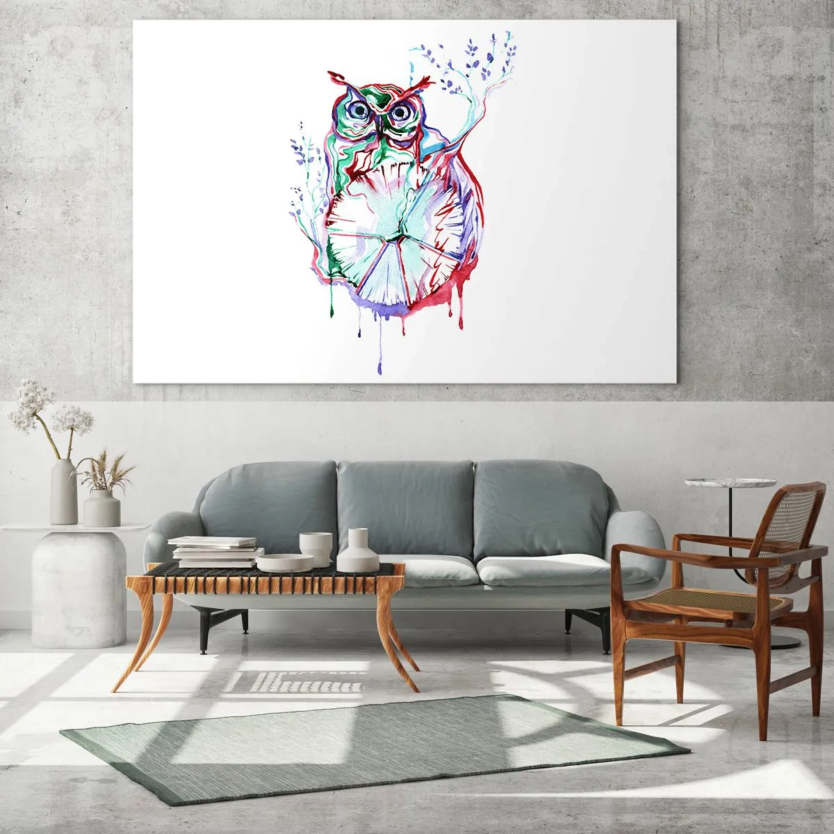 Obraz na szkle - Abstrakcyjna sowa w kolorowej akwarelowej kompozycji - 120x80cm - Mądra z natury - Nowoczesna dekoracja ścienna do salonu, kuchni i sypialni ARTTOR