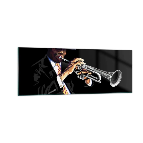 Obraz na szkle - Muzyk grający na trąbce na czarnym tle - 140x50cm - Czar starej szkoły - Nowoczesna dekoracja ścienna do salonu i sypialni ARTTOR