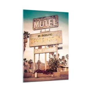 Obraz na szkle - Stary szyld motelu otoczony palmami w klimacie retro - 50x70cm - Tu czas się zatrzymał - Nowoczesna dekoracja ścienna do salonu, kuchni i sypialni ARTTOR