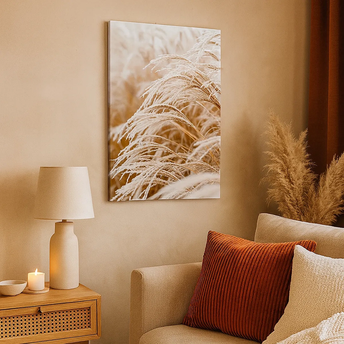 Obraz na płótnie - Suszone trawy pokryte delikatnym szronem w jesiennym świetle - 50x70cm - Pokłon jesiennemu słońcu - Nowoczesna dekoracja ścienna do salonu, kuchni i sypialni ARTTOR