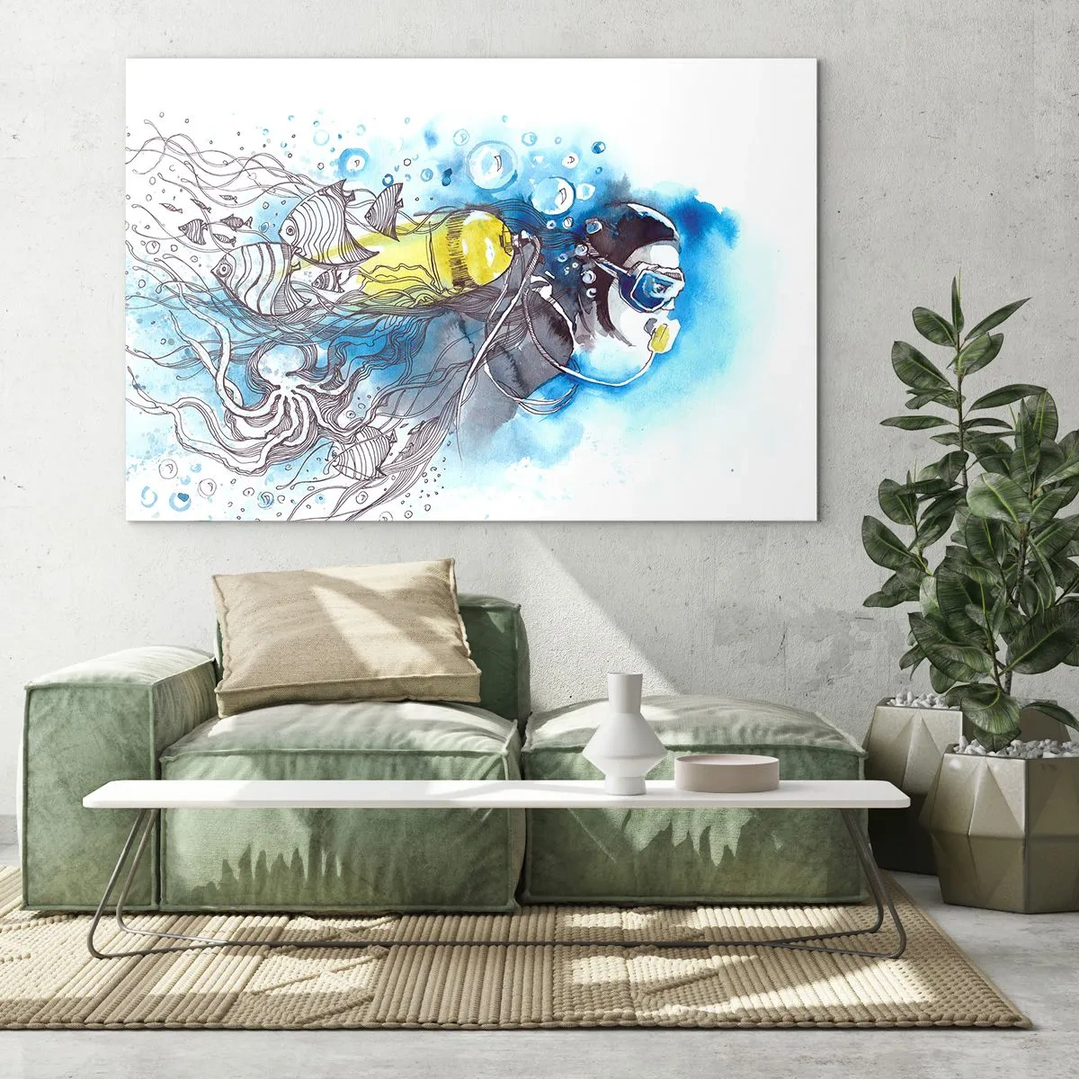 Obraz na szkle - Nurek pod wodą z rybami w artystycznej akwareli - 70x50cm - Wielki błękit - Nowoczesna dekoracja ścienna do salonu i sypialni ARTTOR