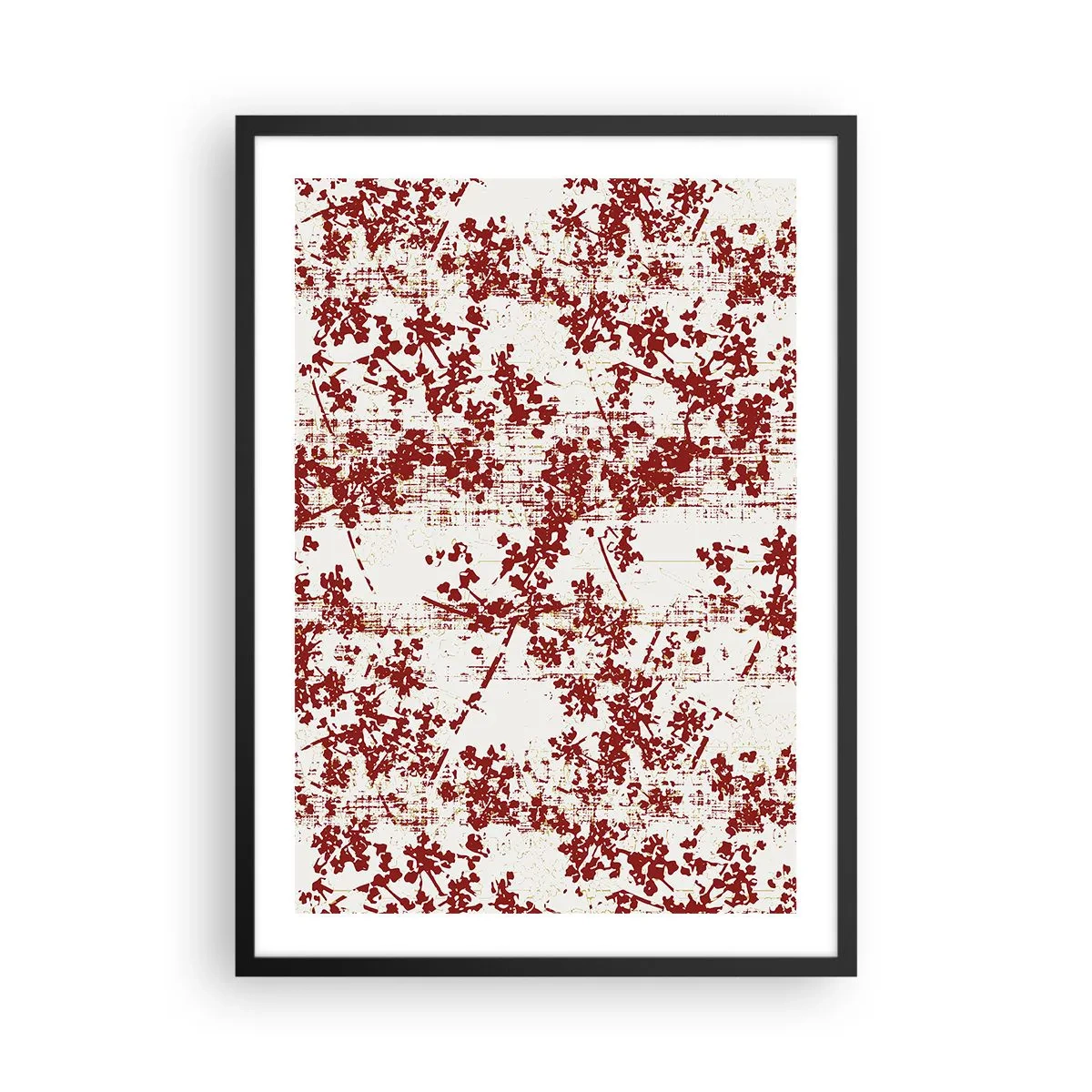 Plakat w czarnej ramie - Czerwone akcenty kwiatowe na jasnym tle - 50x70cm - Jak dawny perkalik - Nowoczesna dekoracja ścienna do salonu i sypialni ARTTOR