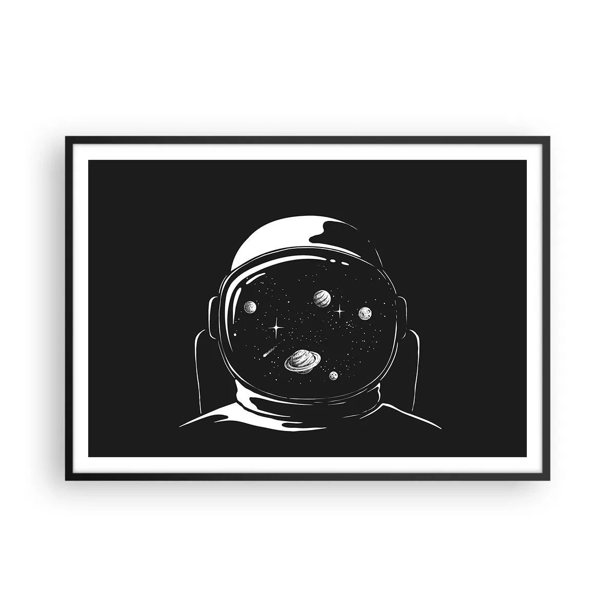 Plakat w czarnej ramie - Astronautyczny hełm z widokiem na kosmos w minimalistycznym stylu - 100x70cm - Niezły widok - Nowoczesna dekoracja ścienna do salonu i sypialni ARTTOR