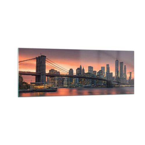 Obraz na szkle - Nocna panorama miasta z mostem i podświetlonym niebem - 140x50cm - Zatopione w liliowej ciszy - Nowoczesna dekoracja ścienna do salonu i sypialni ARTTOR