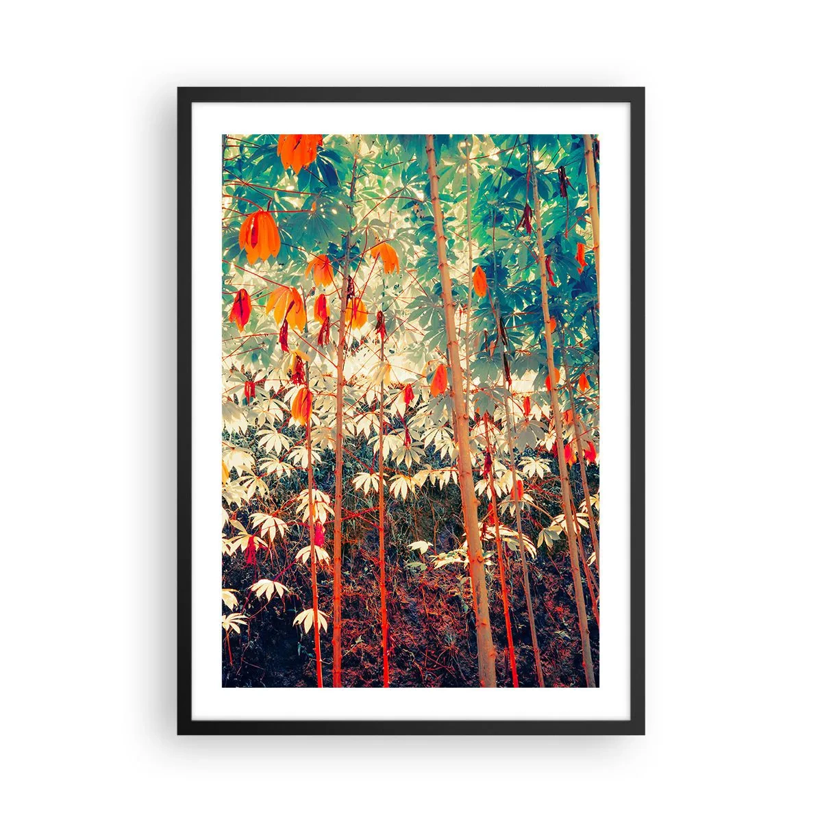 Plakat w czarnej ramie - Tajemne życie liści - Kolorowy las tropikalny z dominacją czerwieni i zieleni - 50x70cm
