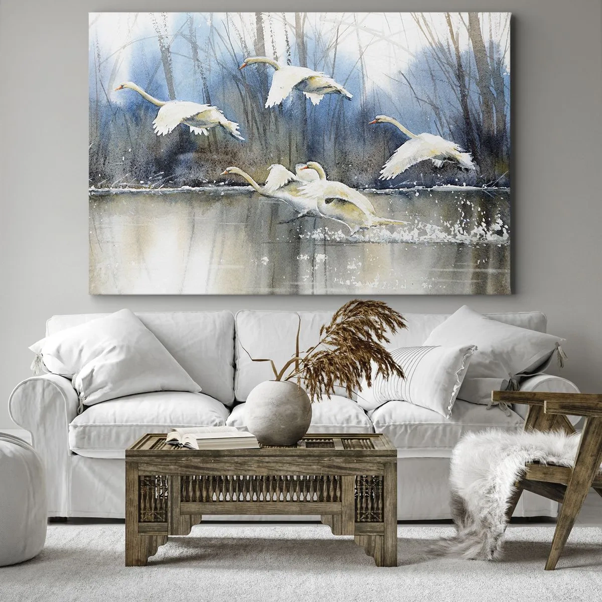Obraz na płótnie - Łabędzie w locie nad zamarzniętym jeziorem w zimowym krajobrazie - 70x50cm - Jak w baśni o dzikich łabędziach - Nowoczesna dekoracja ścienna do salonu i sypialni ARTTOR