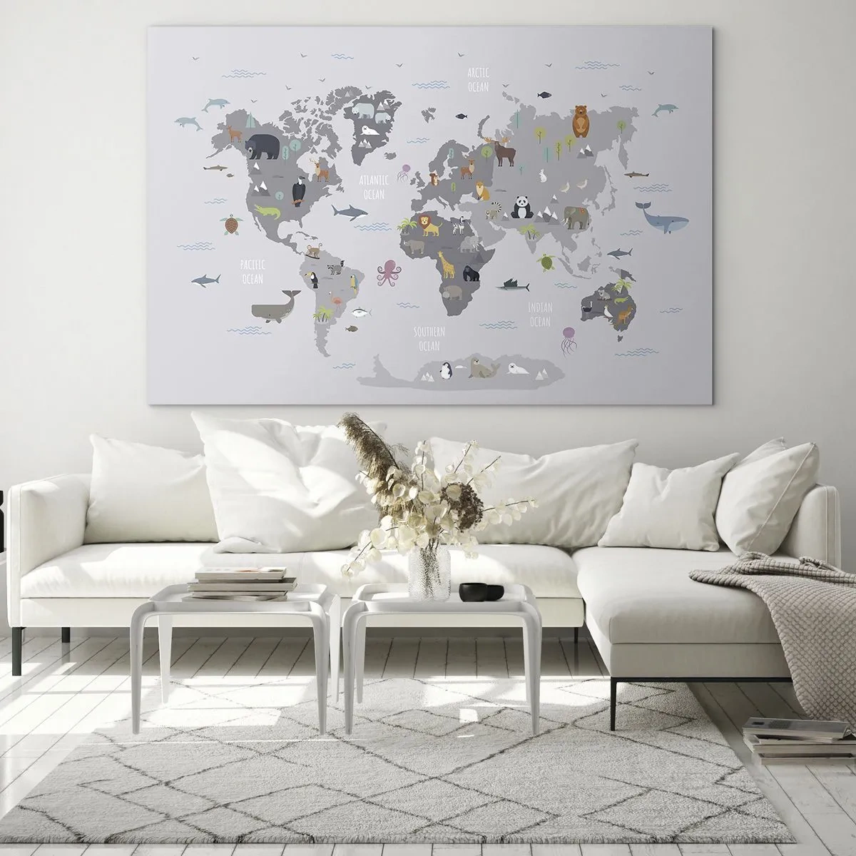 Obraz na szkle - Ilustrowana mapa świata z charakterystycznymi zwierzętami - 70x50cm - Powiedz mi, skąd jesteś… - Nowoczesna dekoracja ścienna do salonu i sypialni ARTTOR