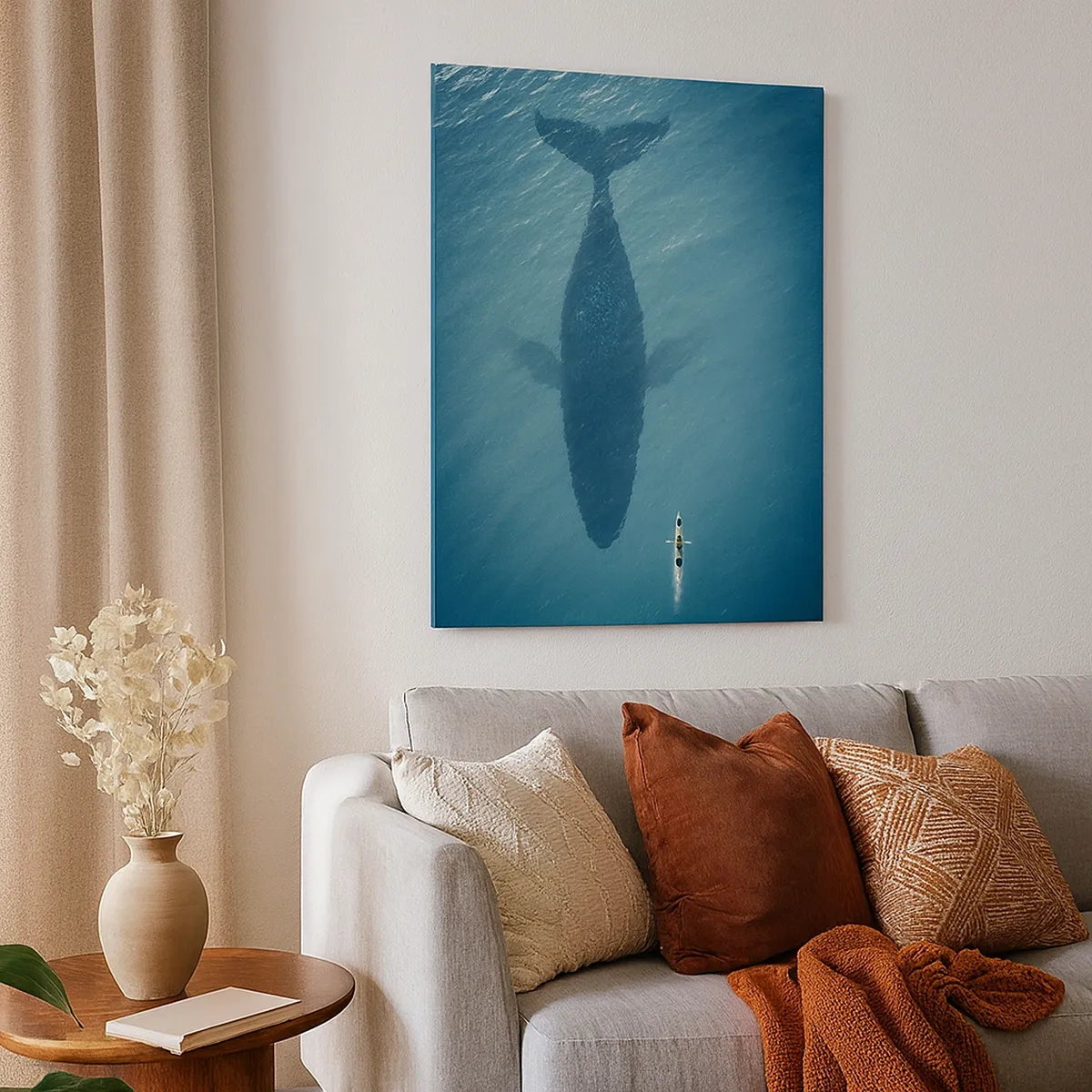 Obraz na płótnie - Kajak płynący nad cieniem wieloryba w lazurowej wodzie - 50x70cm - Spotkanie na oceanie - Nowoczesna dekoracja ścienna do salonu, kuchni i sypialni ARTTOR