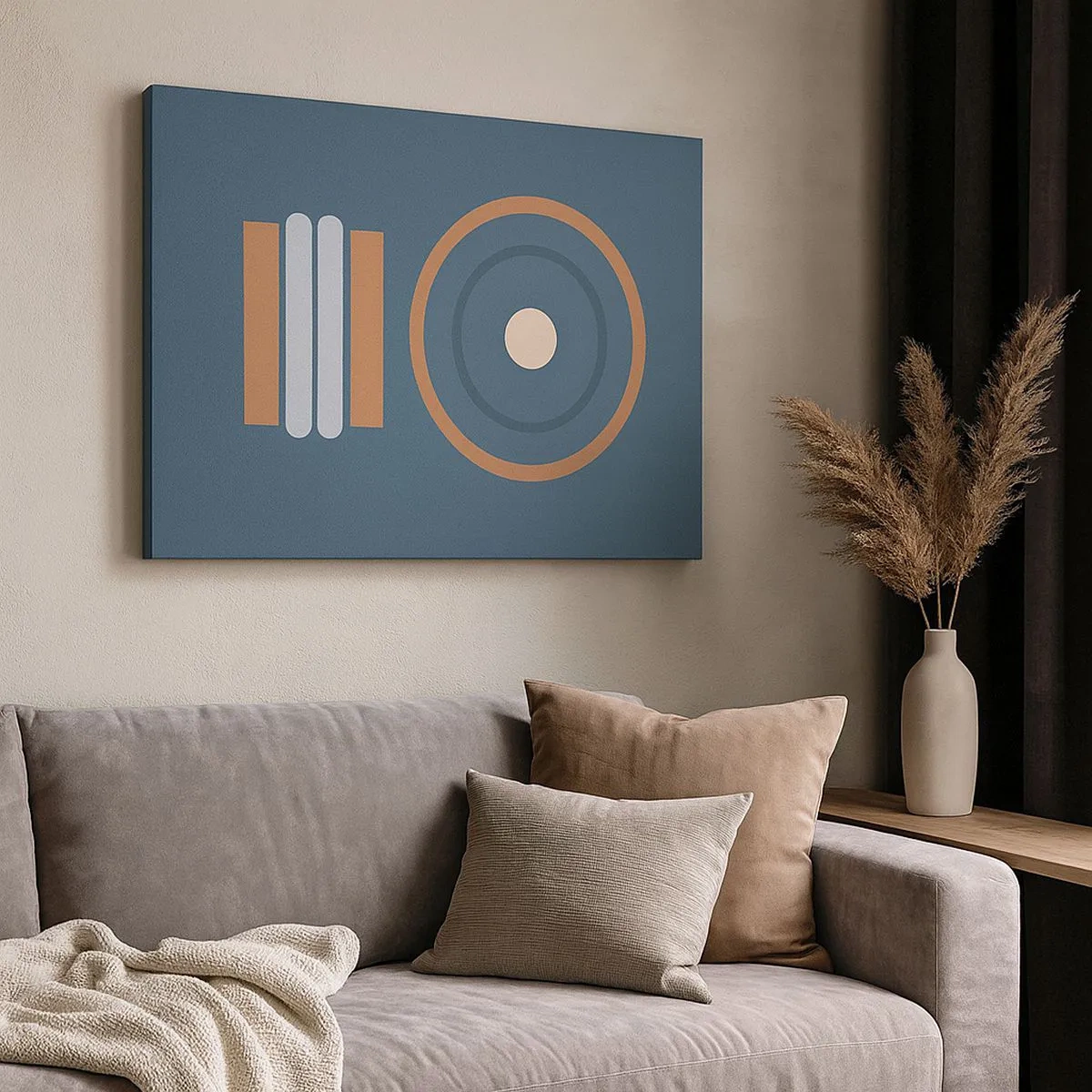 Obraz na płótnie - Geometryczna kompozycja z okręgami i prostokątami w stonowanych barwach - 70x50cm - Istota rzeczy - Nowoczesna dekoracja ścienna do salonu i sypialni ARTTOR