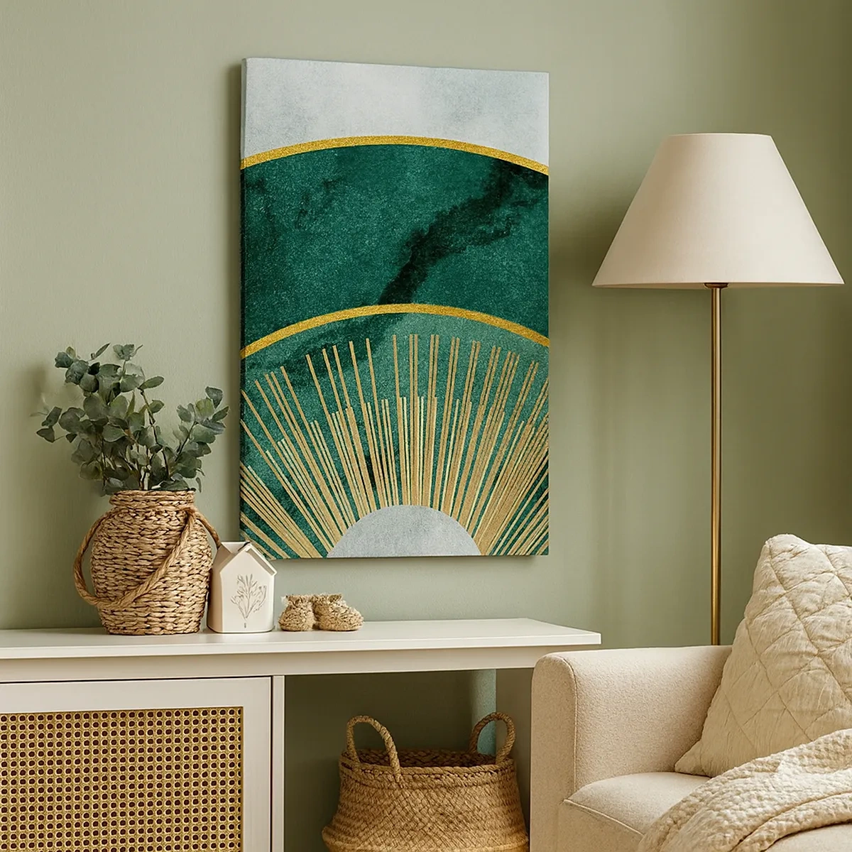 Obraz na płótnie - Elegancka geometryczna kompozycja w zieleni i złocie - 50x70cm - Inny układ słoneczny - Nowoczesna dekoracja ścienna do salonu, kuchni i sypialni ARTTOR