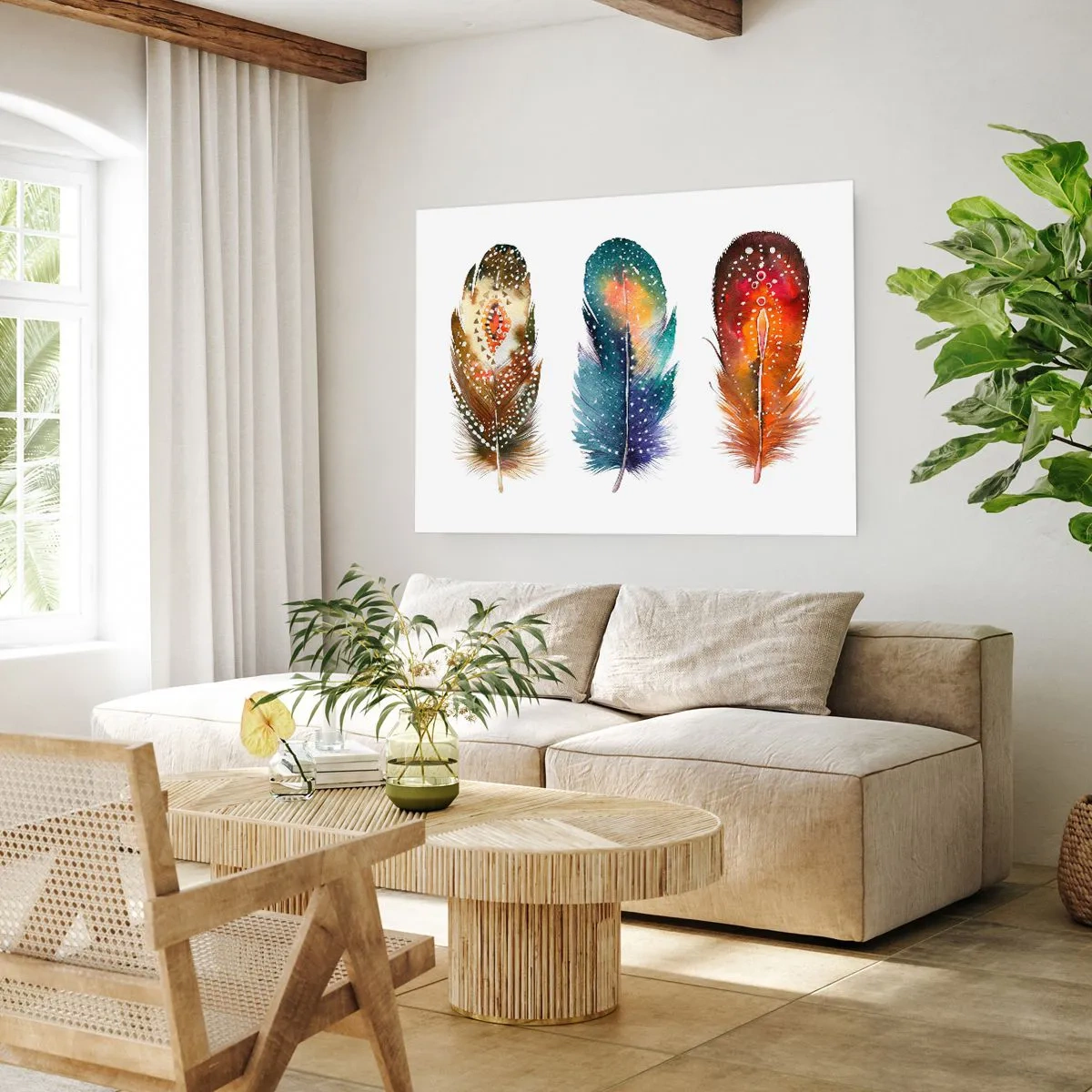 Plakat - Trzy kolorowe pióra z artystycznymi wzorami na jasnym tle - 100x70cm - Rytuały, obrzędy, tajemnice - Nowoczesna dekoracja ścienna do salonu i sypialni ARTTOR