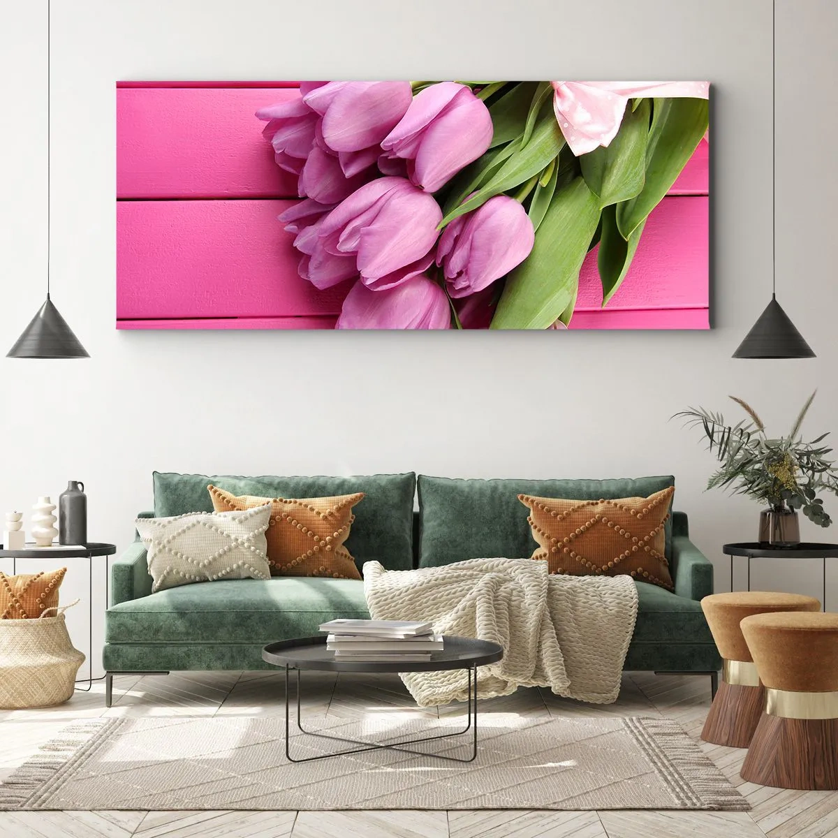 Obraz na płótnie - Bukiet różowych tulipanów z kokardą na różowym tle - 160x50cm - Właśnie dla ciebie - Nowoczesna dekoracja ścienna do salonu i sypialni ARTTOR