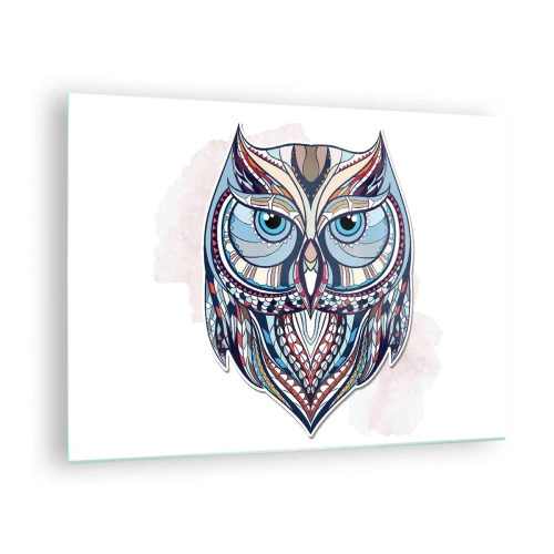Obraz na szkle - Kolorowy, geometryczny portret sowy - 70x50cm - Kunsztowna sowa ornamentowa - Nowoczesna dekoracja ścienna do salonu i sypialni ARTTOR