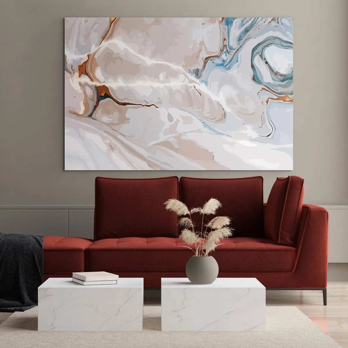 Obraz na szkle - Artystyczny wzór w neutralnych tonach z akcentami błękitu - 70x50cm - Błękitne meandry pod bielą - Nowoczesna dekoracja ścienna do salonu i sypialni ARTTOR