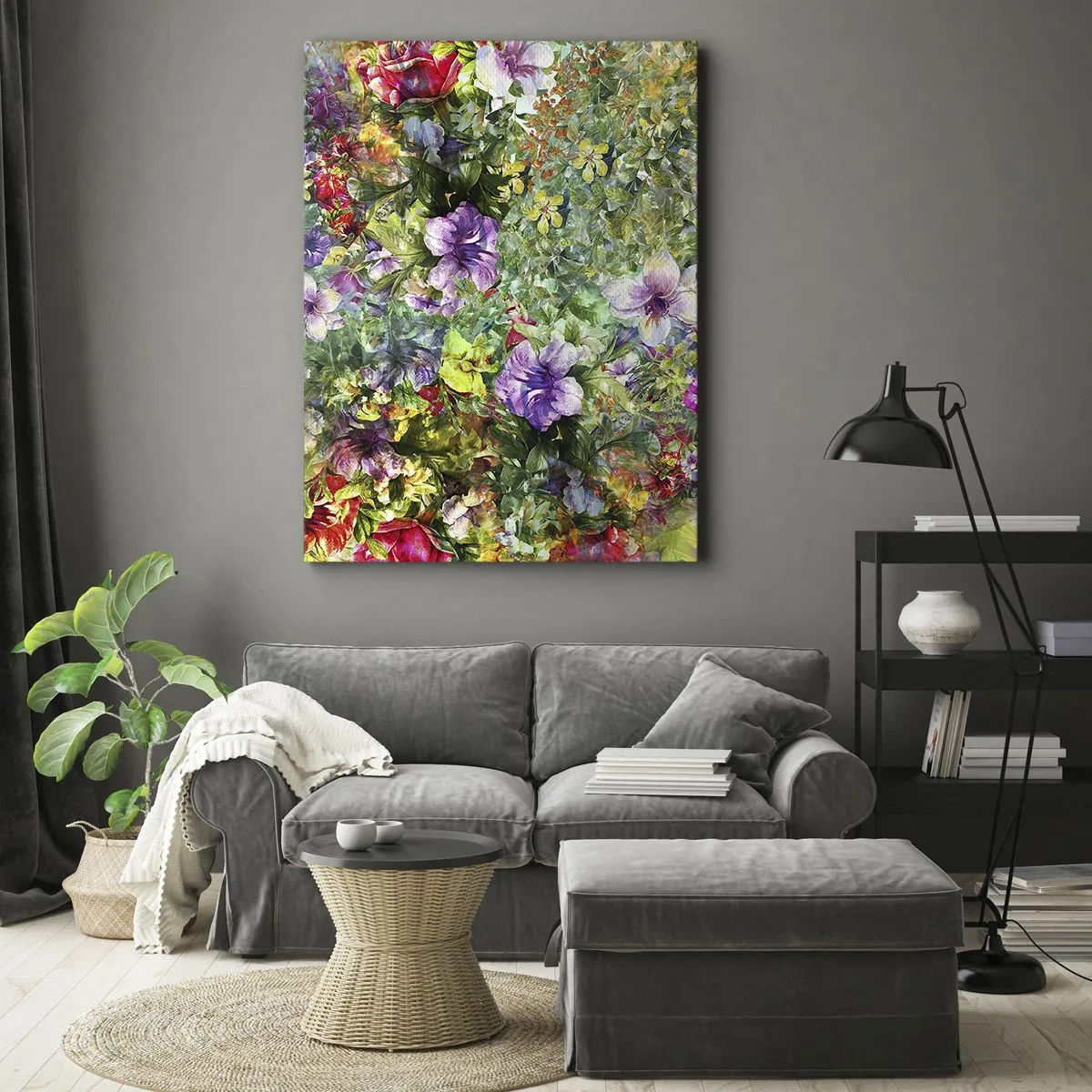 Obraz na płótnie - Barwna kompozycja kwiatów w odcieniach zieleni, fioletu i czerwieni - 50x70cm - W kwiaty na zatracenie - Nowoczesna dekoracja ścienna do salonu, kuchni i sypialni ARTTOR