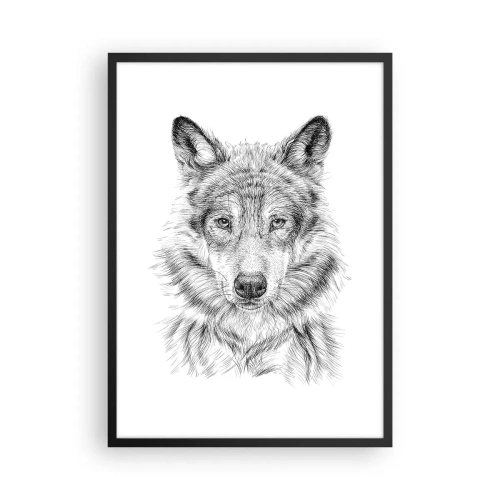 Plakat w czarnej ramie - Szczegółowy rysunek wilka w czarno-białym stylu - 50x70cm - Urodzony przywódca - Nowoczesna dekoracja ścienna do salonu i sypialni ARTTOR