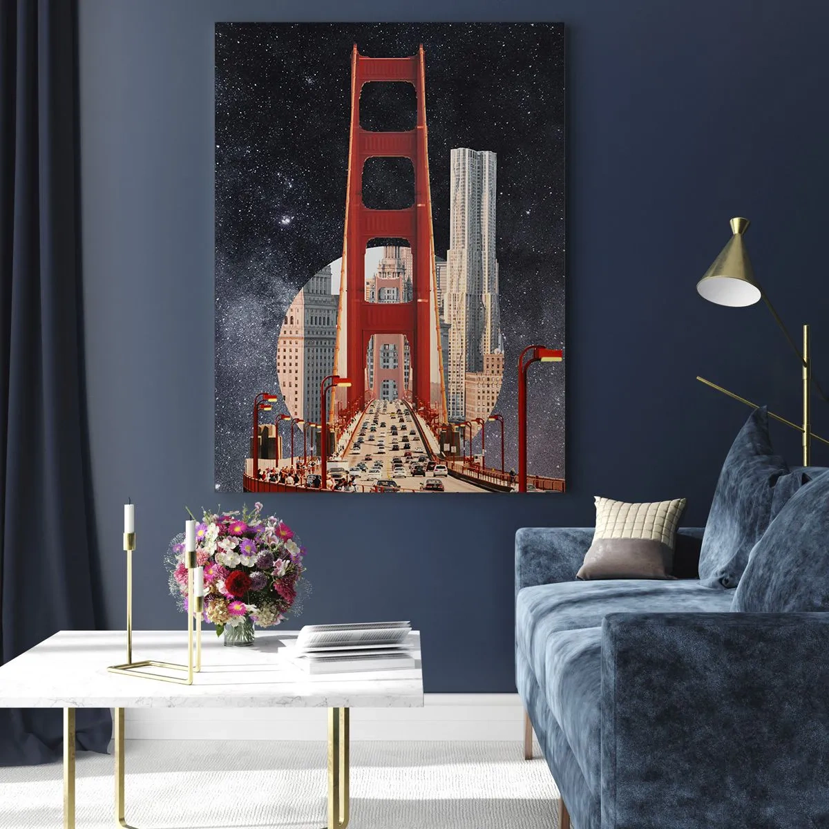 Obraz na szkle - Most Golden Gate z miastem w tle na tle gwiaździstego nieba - 80x120cm - Zawsze w centrum - Nowoczesna dekoracja ścienna do salonu i sypialni ARTTOR