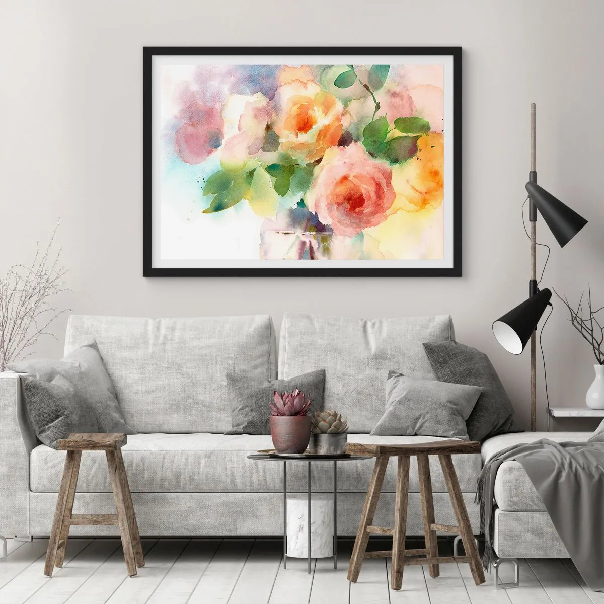Plakat w czarnej ramie - Delikatne róże w akwarelowym stylu na jasnym tle - 100x70cm - Delikatne jak akwarela - Nowoczesna dekoracja ścienna do salonu i sypialni ARTTOR