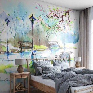 Fototapeta Premium Canvas - Akwarelowa scena parku z ławkami i lampami - 100x70cm - Czar parkowej ciszy - Nowoczesna dekoracja ścienna do salonu i sypialni ARTTOR