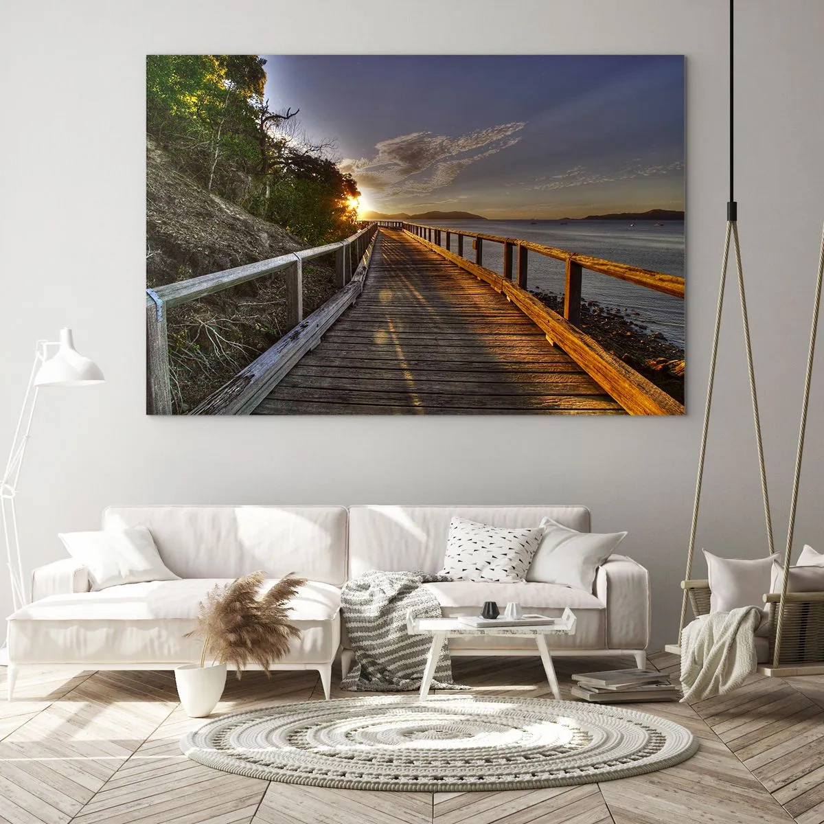 Obraz na szkle - Drewniana kładka o zachodzie słońca - 120x80cm - Iść, ciągle iść w stronę słońca - Nowoczesna dekoracja ścienna do salonu, kuchni i sypialni ARTTOR