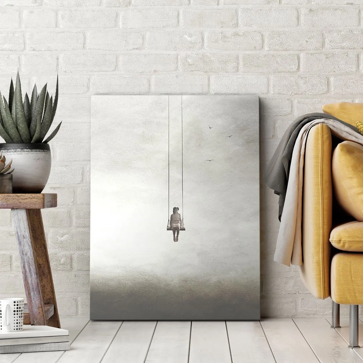 Obraz na płótnie - Osoba siedząca na huśtawce zawieszonej w chmurach - 50x70cm - Dziecko w nas - Nowoczesna dekoracja ścienna do salonu, kuchni i sypialni ARTTOR