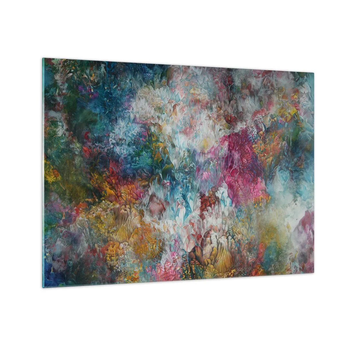 Obraz na szkle - Abstrakcyjna kompozycja kolorowych kwiatów w intensywnych barwach - 70x50cm - W pełnym rozkwicie - Nowoczesna dekoracja ścienna do salonu i sypialni ARTTOR