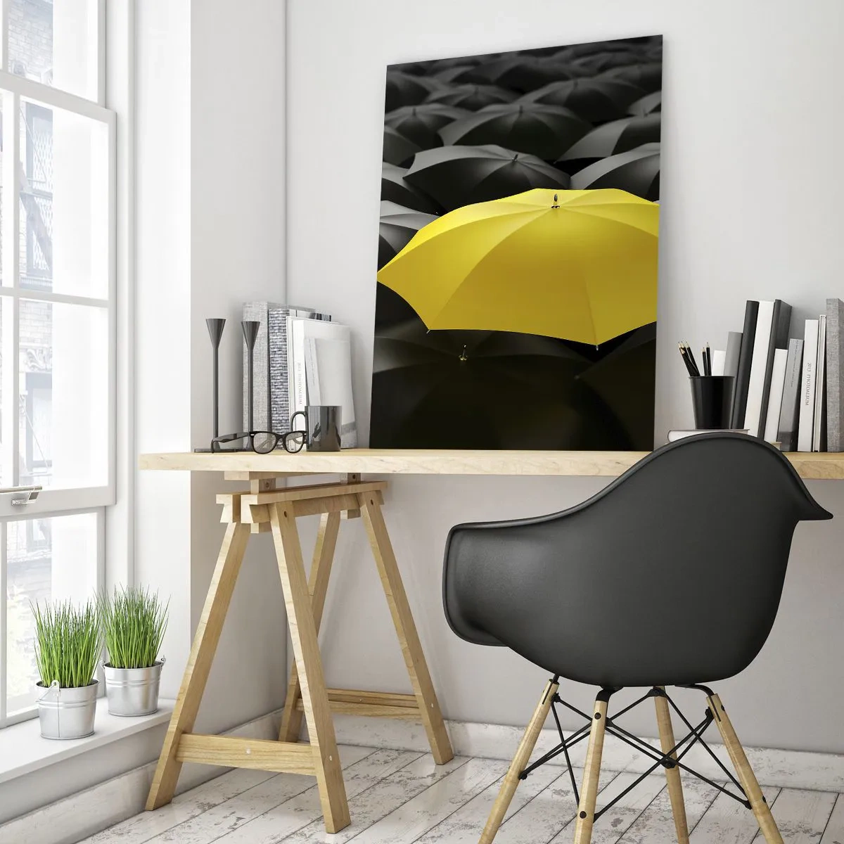 Obraz na szkle - Żółty parasol wśród czarnych parasoli - 80x120cm - Żegnaj smutku - Nowoczesna dekoracja ścienna do salonu i sypialni ARTTOR