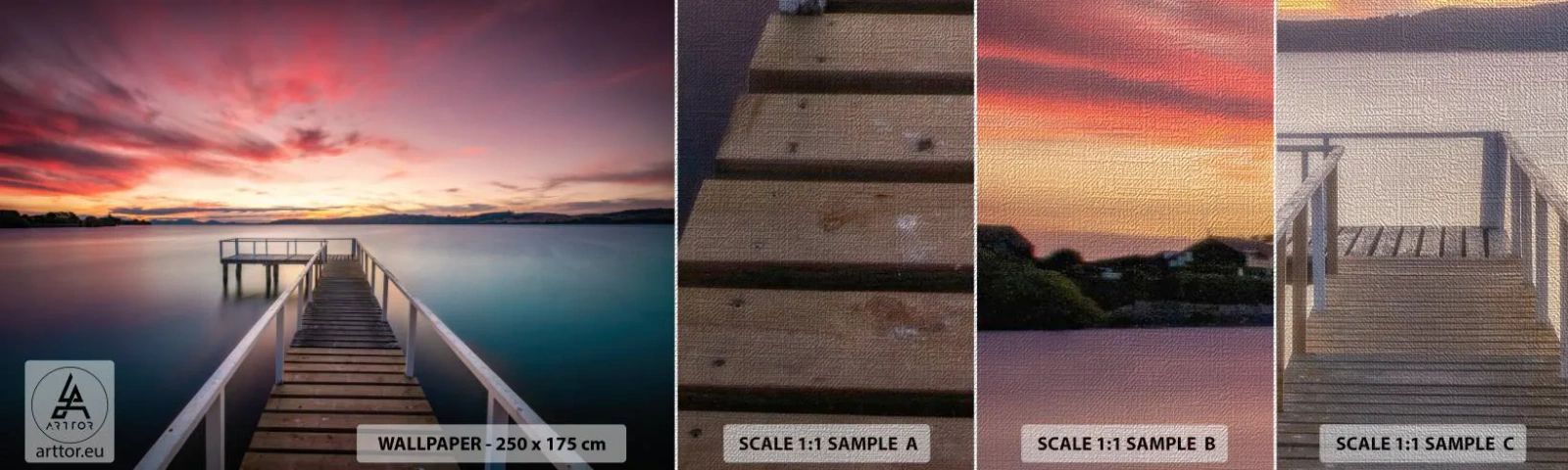 Fototapeta Próbka Premium Canvas - Łagodny płomień wieczoru - Krajobraz, Zachód Słońca, Drewniane Molo - 100x30 cm