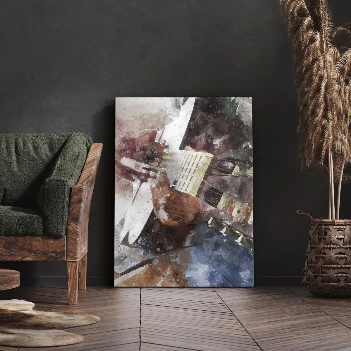 Obraz na płótnie - Artystyczna akwarela przedstawiająca gitarzystę w trakcie gry - 50x70cm - I co o tym myślisz? - Nowoczesna dekoracja ścienna do salonu, kuchni i sypialni ARTTOR