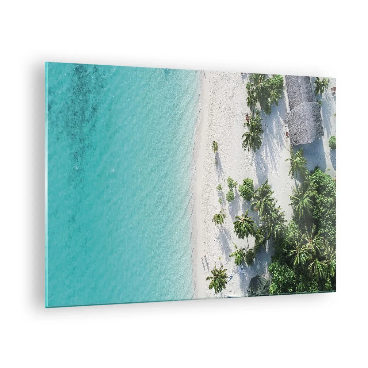 Obraz na szkle - Tropikalna plaża z palmami i turkusowym morzem z lotu ptaka - 70x50cm - Wakacje w raju - Nowoczesna dekoracja ścienna do salonu i sypialni ARTTOR