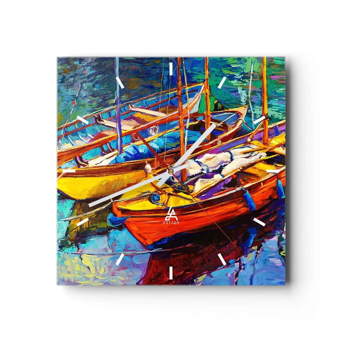Zegar ścienny - Kolorowe łodzie na spokojnej wodzie - 30x30cm - Na wodzie gęstej od barw - Nowoczesna dekoracja ścienna do salonu i sypialni ARTTOR