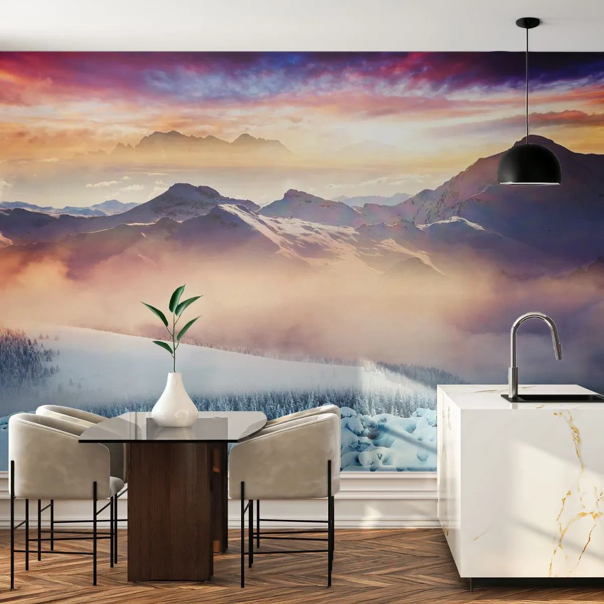 Fototapeta Premium Sand - Ośnieżone góry we mgle o zachodzie słońca - 100x70cm - Siła i czystość natury - Nowoczesna dekoracja ścienna do salonu, kuchni i sypialni ARTTOR