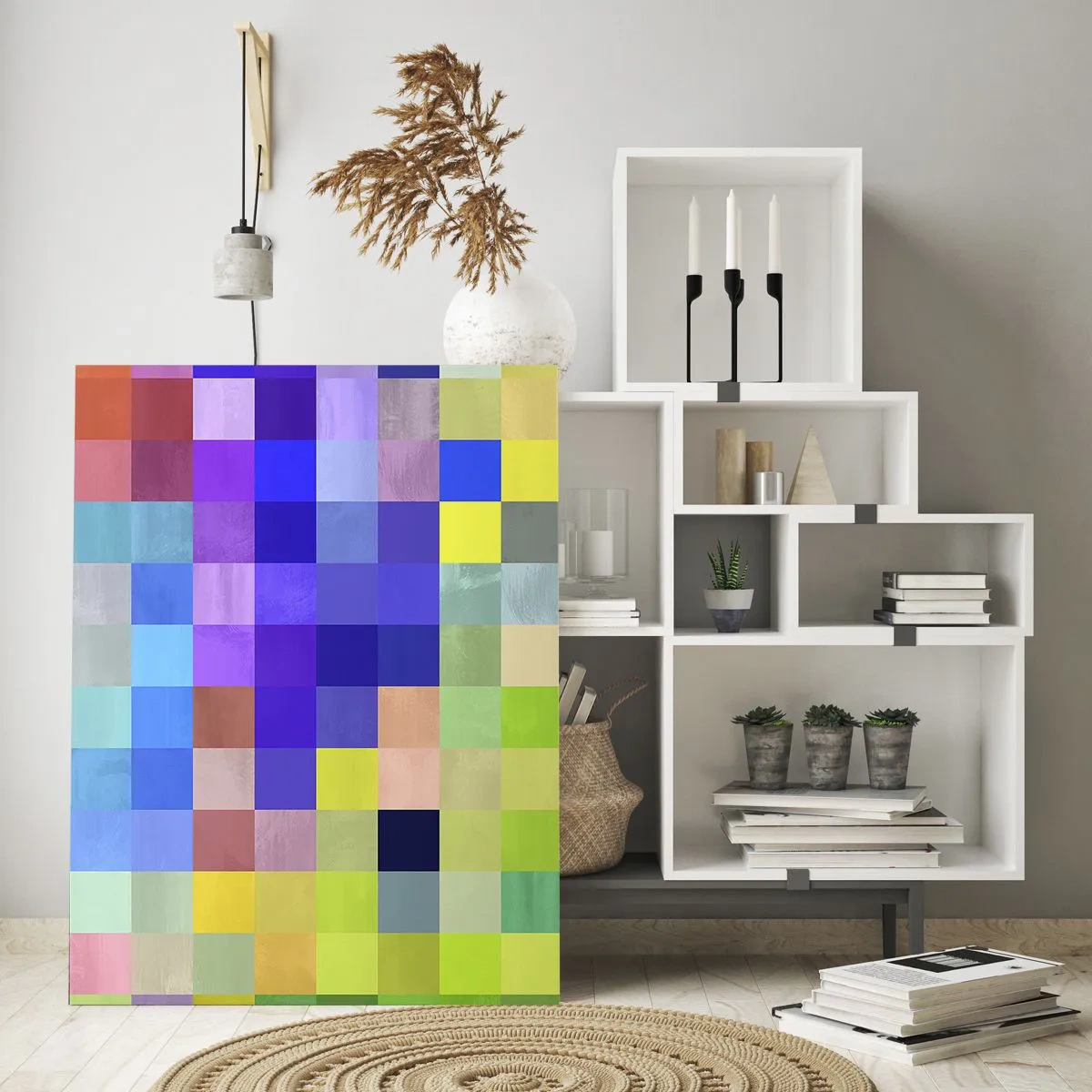 Obraz na szkle - Kolorowe geometryczne bloki w jasnych i żywych odcieniach - 50x70cm - Każdy inny, wszystkie równe - Nowoczesna dekoracja ścienna do salonu, kuchni i sypialni ARTTOR