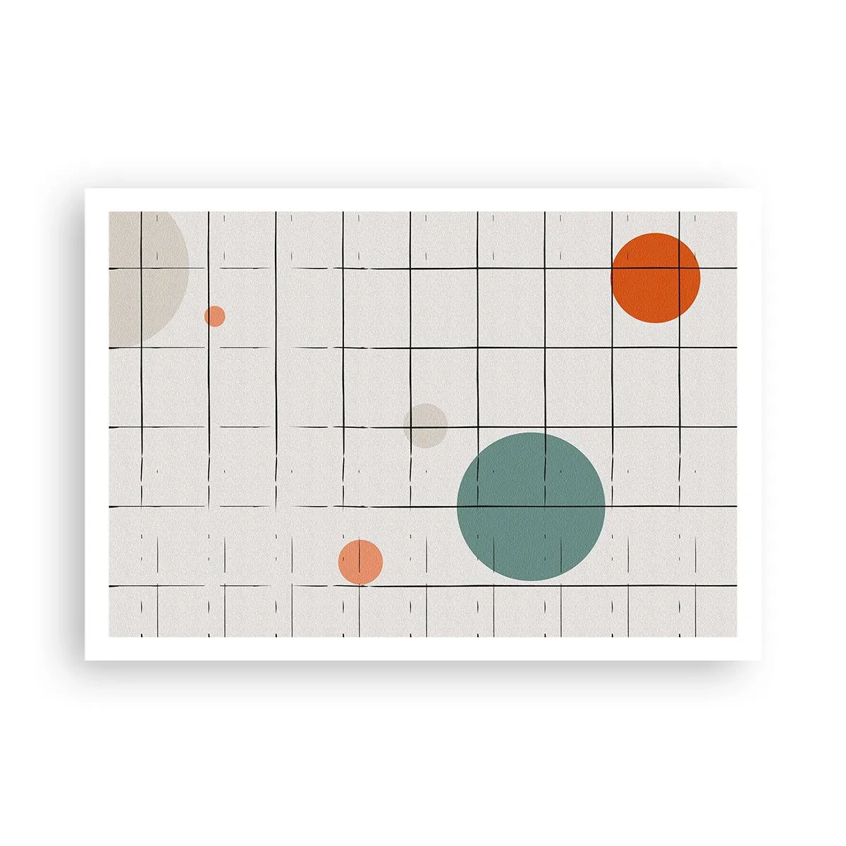 Plakat - Abstrakcyjne okręgi w kolorach na tle geometrycznej siatki - 100x70cm - Uwięzione. My czy one? - Nowoczesna dekoracja ścienna do salonu i sypialni ARTTOR