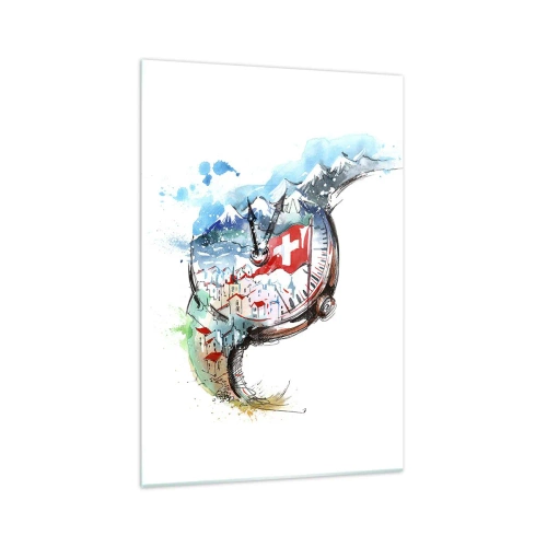 Obraz na szkle - Akwarelowy krajobraz Szwajcarii w zegarku - 70x100cm - Duch Szwajcarii - Nowoczesna dekoracja ścienna do salonu i sypialni ARTTOR
