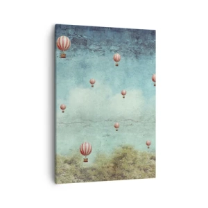 Obraz na płótnie - Balony na ogrzane powietrze unoszące się nad lasem na tle nieba - 50x70cm - Wolni od zgiełku życia - Nowoczesna dekoracja ścienna do salonu, kuchni i sypialni ARTTOR
