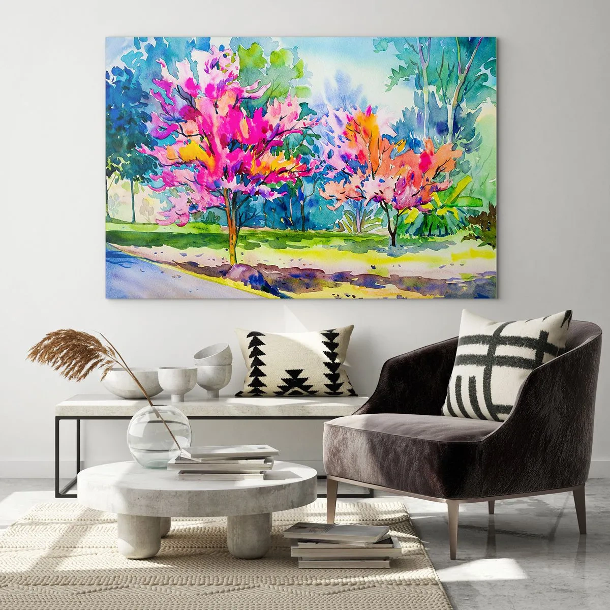 Obraz na szkle - Kolorowe drzewa w parku namalowane akwarelową techniką - 70x50cm - Tęczowy ogród w wiosennym blasku - Nowoczesna dekoracja ścienna do salonu i sypialni ARTTOR